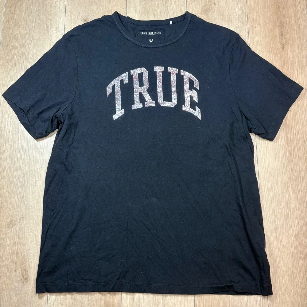 True Religion Mens XXXL Black Graphic T-Shirt Silver Red TRUE Arch Logo Tee 3XL